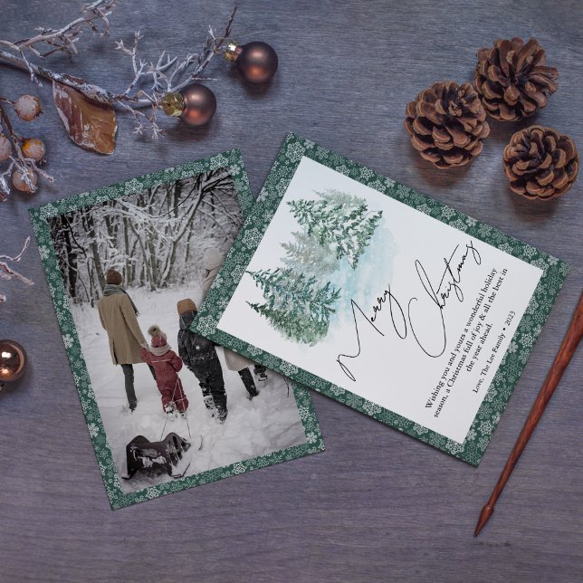 Tarjeta de Navidad de vacaciones con foto de pinos (Subido por el creador)