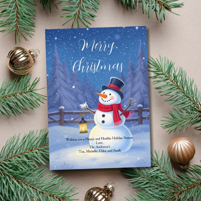 Tarjeta de Navidad de vacaciones de muñeco de niev (Snowy Winter Scene with Snowman Christmas Holiday Card. Printed or Digital Download)