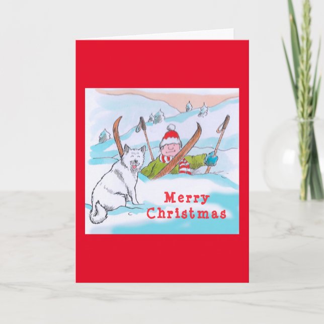 Tarjeta de Navidad de viaje de esquí perrito (Anverso)
