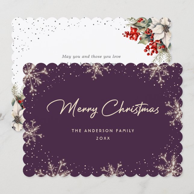 Tarjeta de Navidad de Violeta Elegante de Copo de  (Anverso / Reverso)