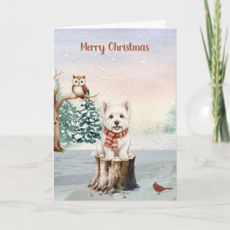 Tarjeta de Navidad de Westie de invierno con búho