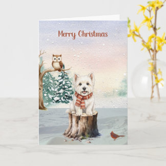 Tarjeta de Navidad de Westie de invierno con búho