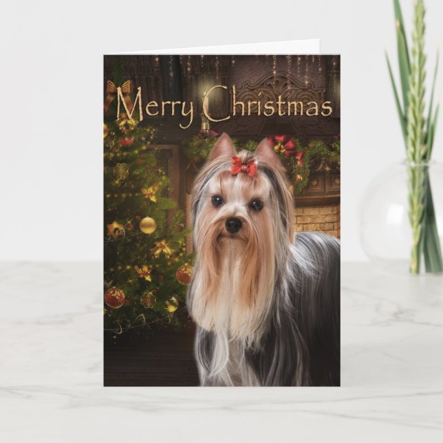 Tarjeta de Navidad de Yorkie del día de fiesta (Anverso)