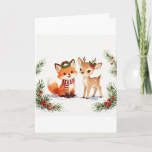 Tarjeta de Navidad de zorro y ciervo al acuarela