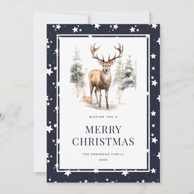 Tarjeta de Navidad Deer Stag Starry Blue Merry (Anverso)