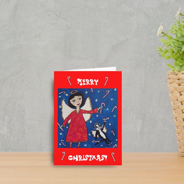 Tarjeta de Navidad del ángel y gato con bastón de  (Angel Red dress cat angel floating night sky with candy canes on red Merry Christmas greeting card.)