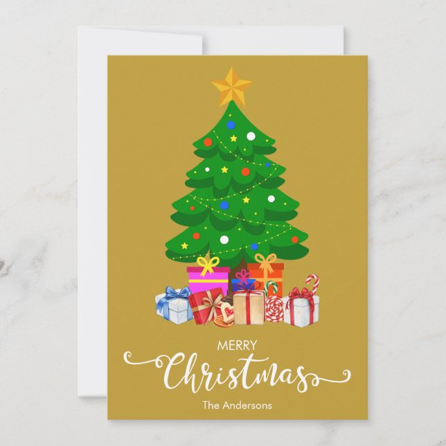 Tarjeta de Navidad del árbol de Navidad y regalos (Anverso)