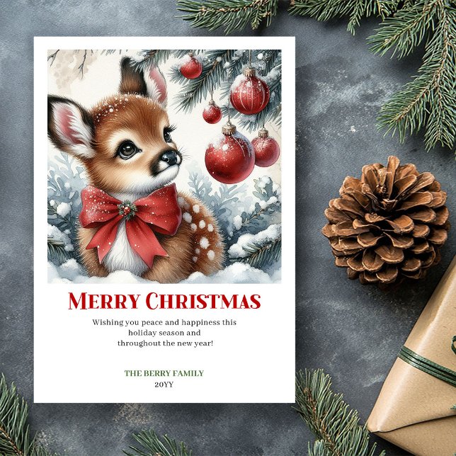 Tarjeta de Navidad del bosque de acuarela con cerv (Enchanting Fawn Watercolor Christmas Forest Card Xmas C)