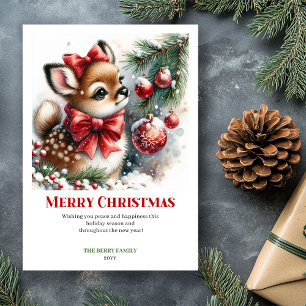 Tarjeta de Navidad del bosque de acuarela con cerv