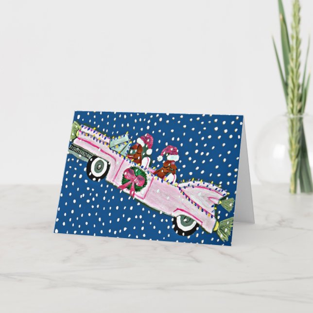 Tarjeta de Navidad del Cadillac del perro salchich (Anverso)