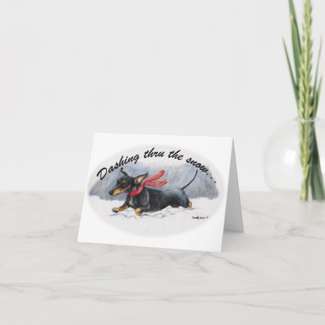 Tarjeta de Navidad del Dachshund corriendo por la  (Anverso)