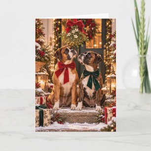 Tarjeta de Navidad del dúo de Boxer con muérdago