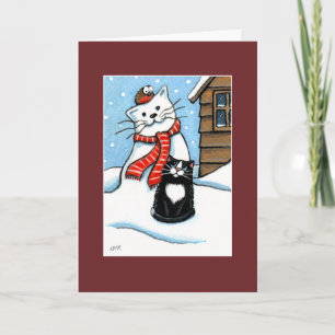 Tarjeta de Navidad del gato, del petirrojo y del