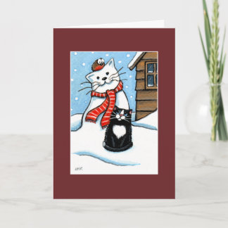 Tarjeta de Navidad del gato, del petirrojo y del