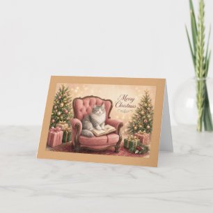 Tarjeta de Navidad del Gato Gris Leyendo en la Sil