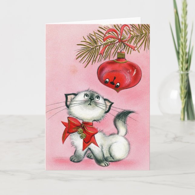 Tarjeta de Navidad del gato y del ornamento del (Anverso)