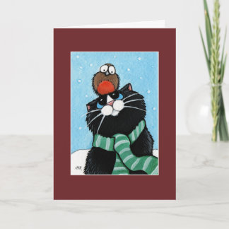 Tarjeta de Navidad del gato y del petirrojo del