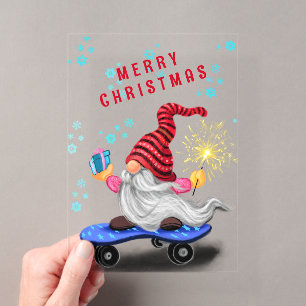Tarjeta de Navidad del Gnomo Patinador con Regalos