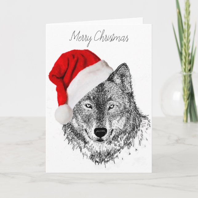 Tarjeta de Navidad del lobo de Santa - espacio en (Anverso)