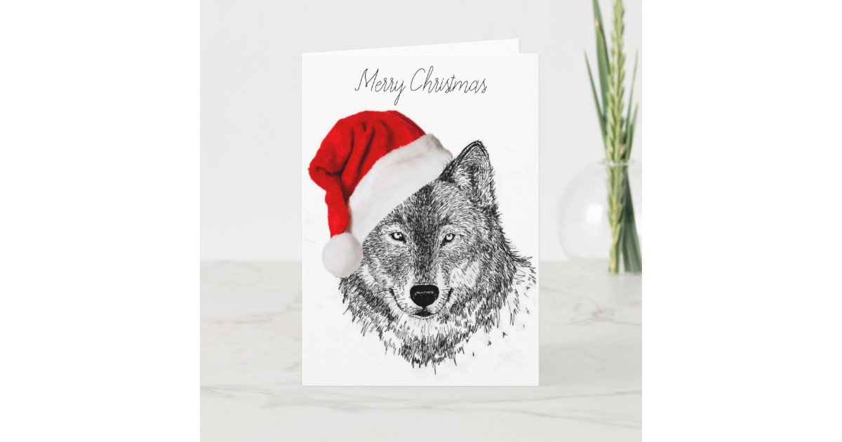 Tarjeta de Navidad del lobo de Santa - espacio en 