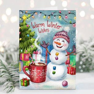 Tarjeta de Navidad del muñeco de nieve con deseos