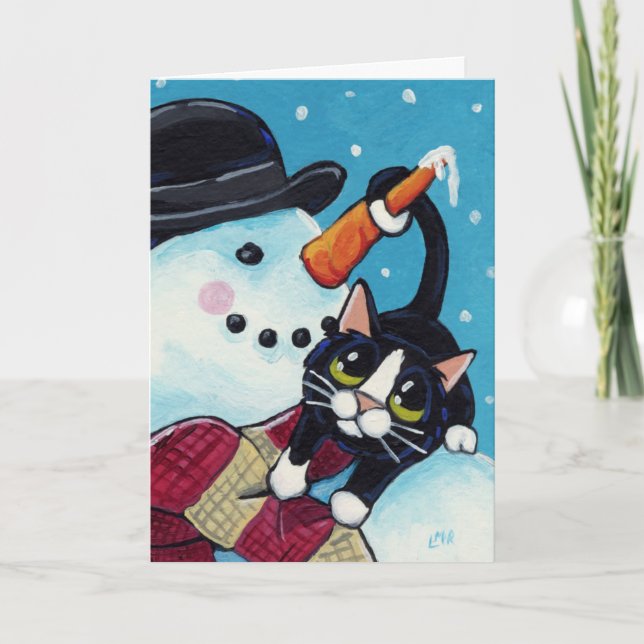 Tarjeta de Navidad del muñeco de nieve del gato y (Anverso)