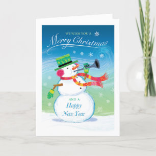 Tarjeta de Navidad del Muñeco de Nieve Trompetero
