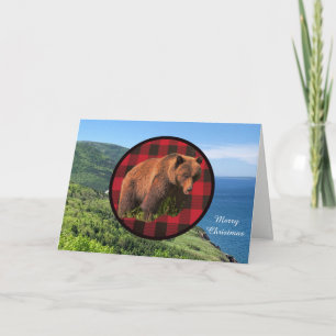 Tarjeta de Navidad del Oso Pardo de Plaid de Búfal