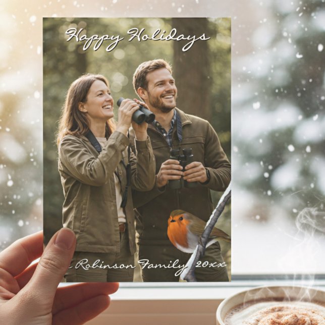 Tarjeta de Navidad del pájaro Robin (Perfect Christmas Photo Card for Bird Watchers. Add your Family Name)