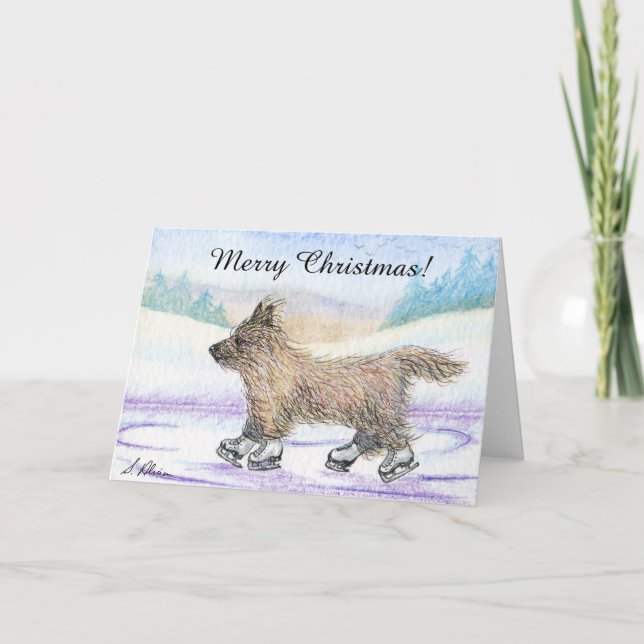 Tarjeta de Navidad del patinaje de hielo del perro (Anverso)