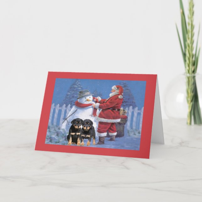 Tarjeta de Navidad del perrito de Rottweiler Santa (Anverso)