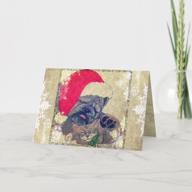Tarjeta de Navidad del perro y del gato el dormir (Anverso)
