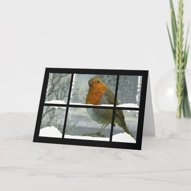 Tarjeta de Navidad del petirrojo con paisaje de la (Anverso)