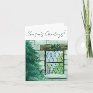 Tarjeta de Navidad del Petirrojo Fuera de una Vent