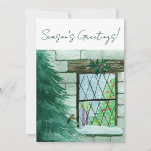 Tarjeta de Navidad del Petirrojo Fuera de una Vent