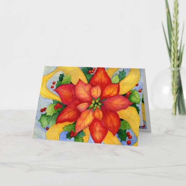 Tarjeta de Navidad del Poinsettia de Ribboned (Anverso)