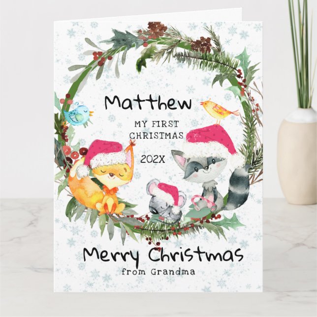 Tarjeta de Navidad del primer bebé del bosque de l (Anverso)