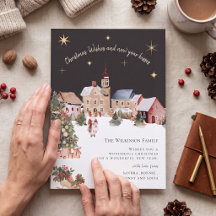 Tarjeta de Navidad del Pueblo de Acuarela