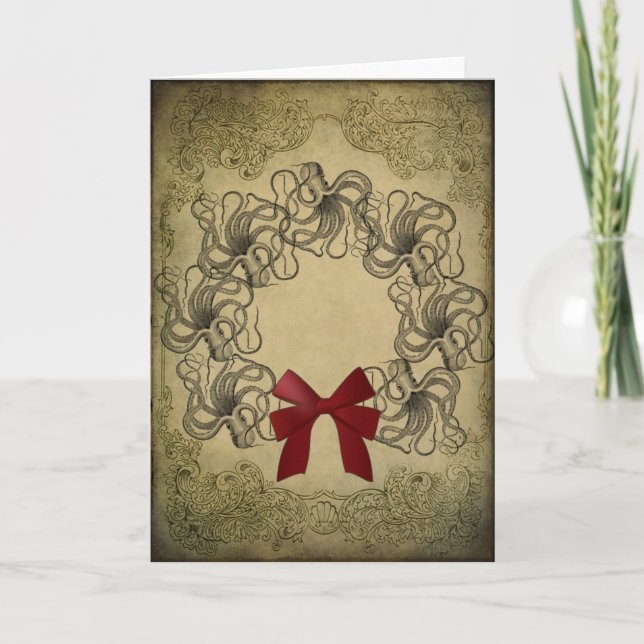Tarjeta de Navidad del pulpo del vintage (Anverso)