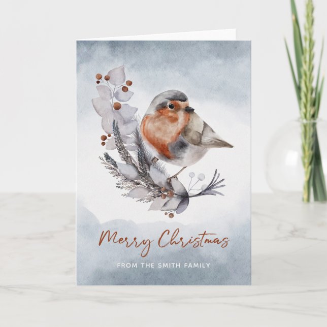 Tarjeta de Navidad del Robin de Acuarela de Invier (Anverso)