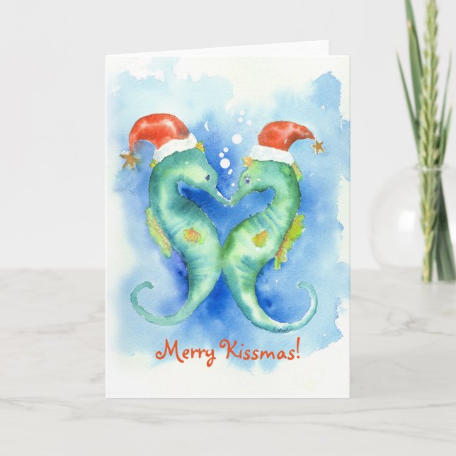 Tarjeta de Navidad del Seahorse de la acuarela (Anverso)