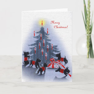 Tarjeta de Navidad del vintage, perros del escocés