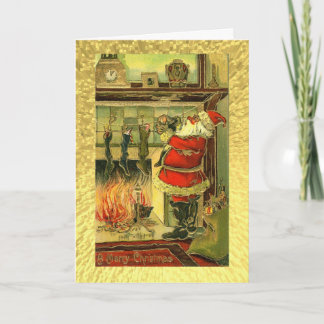 Tarjeta de Navidad del vintage - Santa, medias
