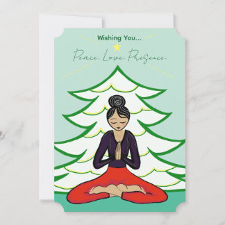 Tarjeta de Navidad del yogui pacífico junto al árb