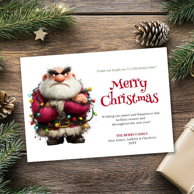 Tarjeta de Navidad digital navideña peculiar de Sa (Annoyed Santa quirky digital Christmas greeting card art)