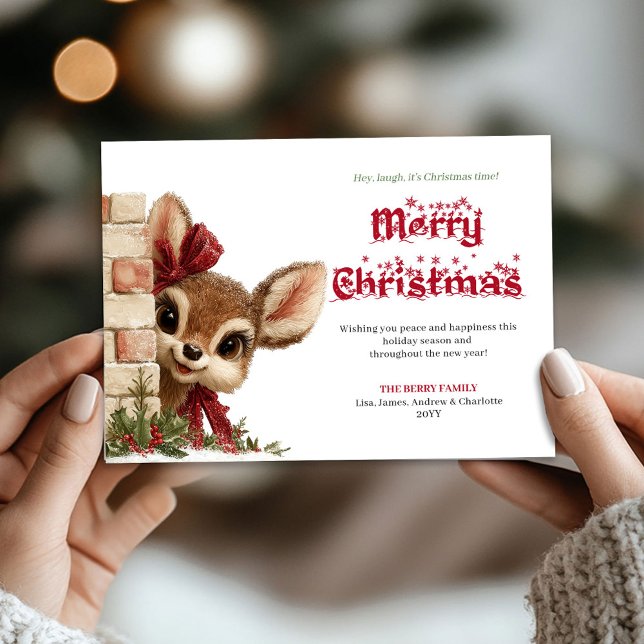 Tarjeta de Navidad divertida con reno asomando (Merry Xmas peeking funny reindeer holiday card)