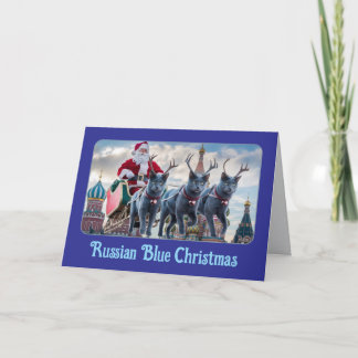 Tarjeta de Navidad divertida de gato azul ruso