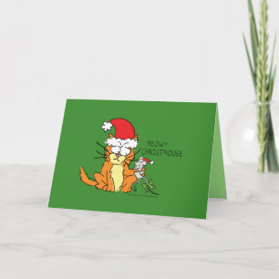 Tarjeta de Navidad divertida de gato y ratón Meowy