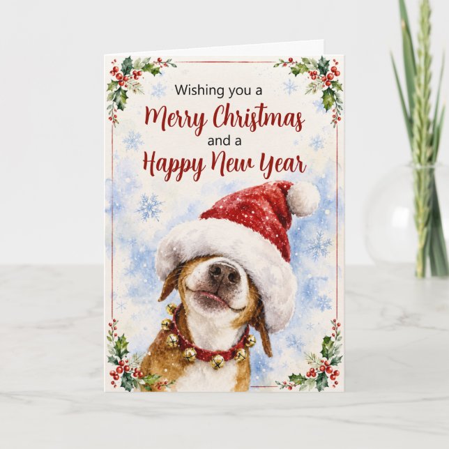 Tarjeta de Navidad divertida de perro con Santa (Anverso)