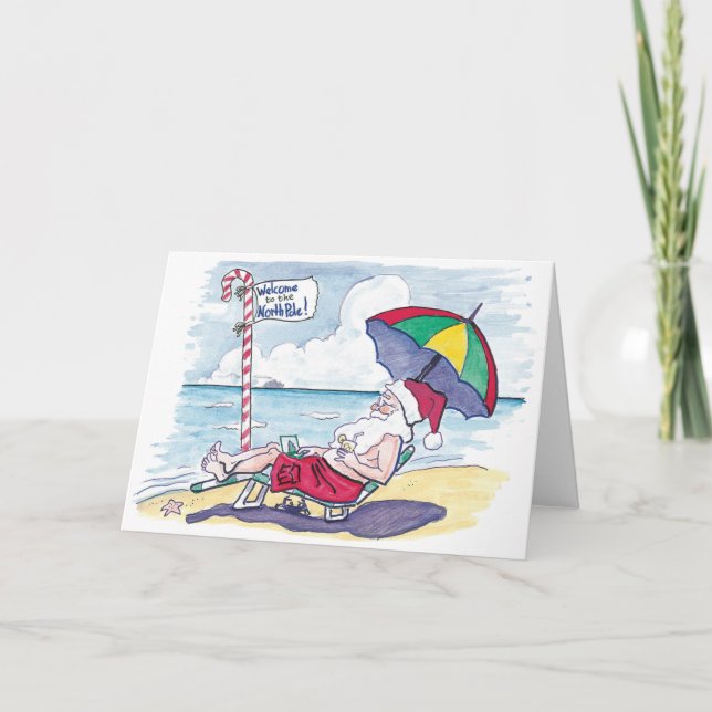 Tarjeta de Navidad divertida de Santa de la playa (Anverso)